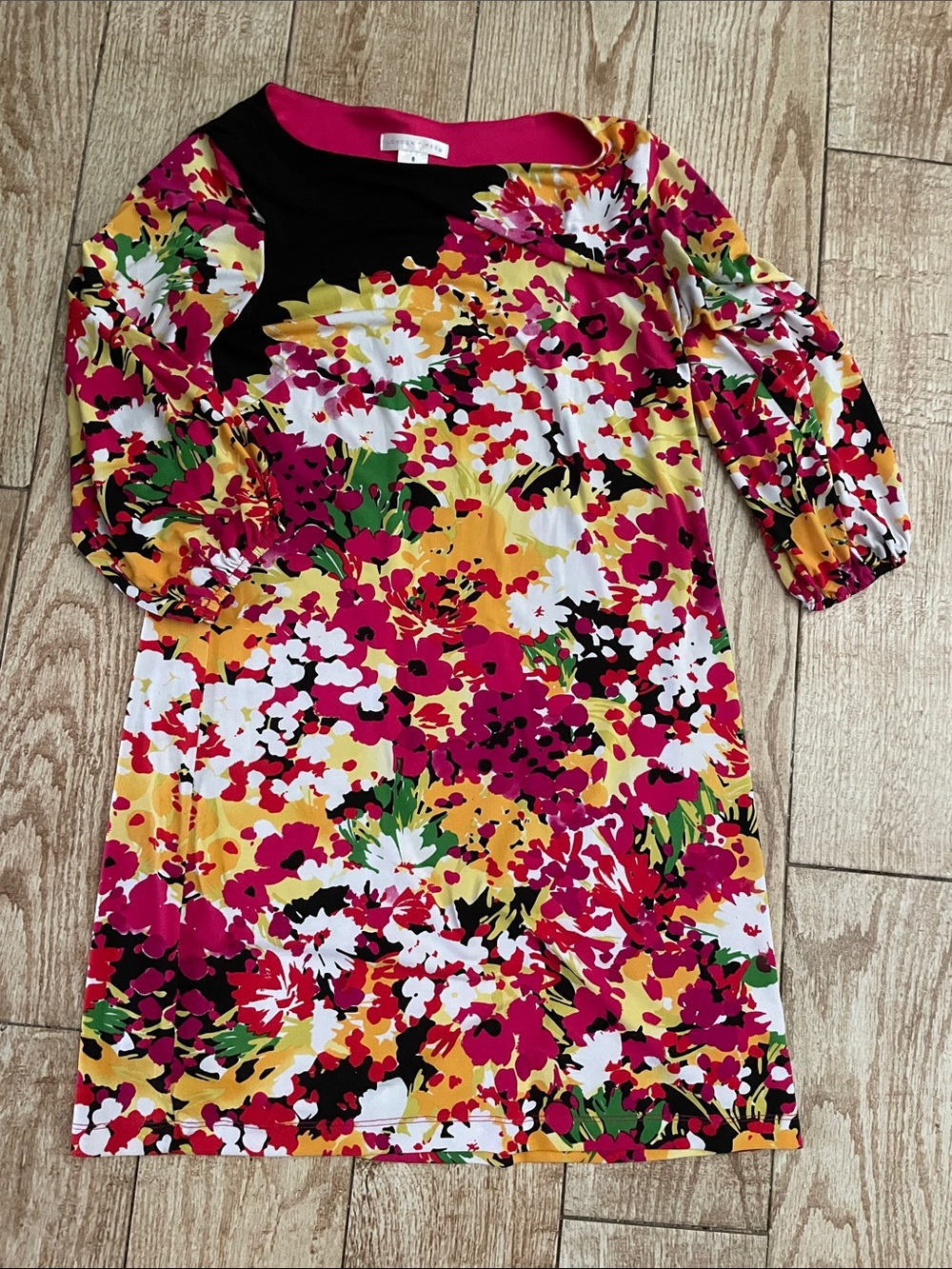 London Times Floral Shift Dress in Pink, Yellow, Black, White, Green